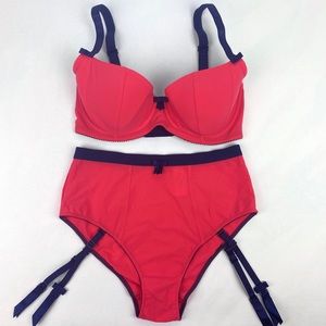Salmon Navy Bra + Panty 2 Piece Set